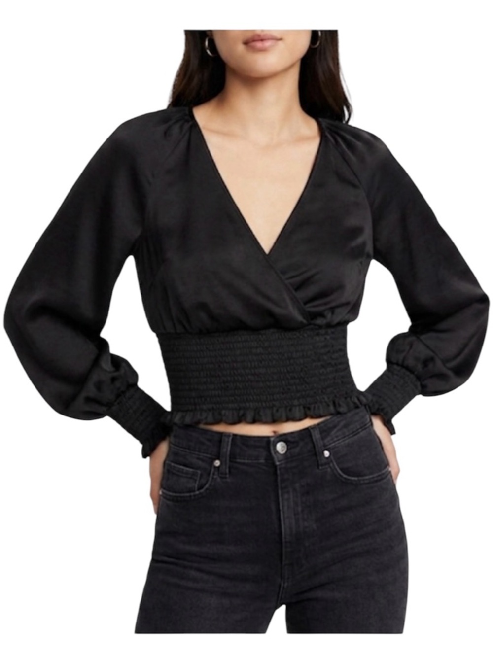 Express Black Satin Balloon Sleeve Crop Top Blouse Surplice‎ Neck Smocked XS